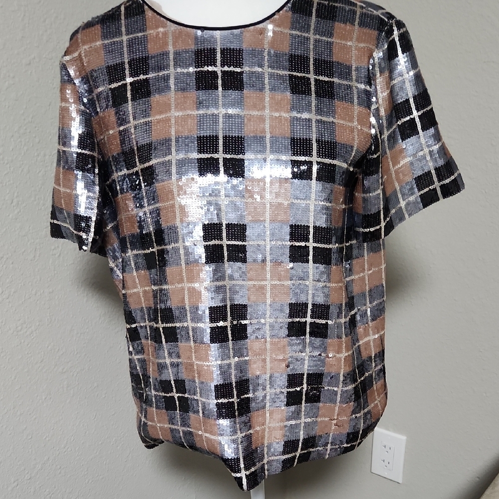 Kate Spade Plaid Metallic Sequin Top sz8